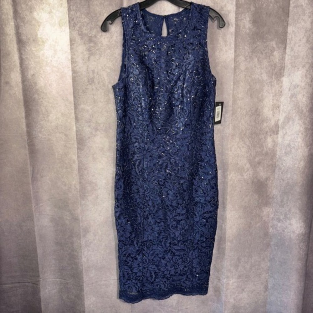 Marina NWT Size 6 Navy Lace Sequins Sleeveless Sheath Cocktail Formal Dress - Picture 8 of 8